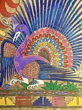 Mexican Amate Bark Folk Art Handmade Painting - Peacock - 16 x 23 picture