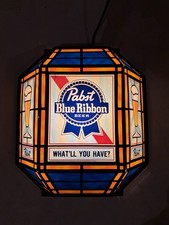 Vintage 1986 Pabst Blue Ribbon Beer Faux Stained Glass Lantern Lighted Sign picture