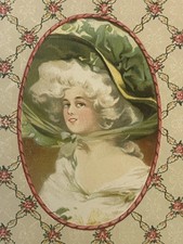 Antique 1800s Candy Box Insert 🎩 Green Hat Powdered Wig Lady Chromolith NOS picture