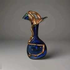 Vtg Brutalist Filip Ravert Hand Blown Art Nouveau Glass Vase Blue Copper Overlay picture