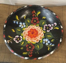 Wooden Plate Bowl HAND PAINTED MEXICAN BATEA WITH FLOWER DECORATION Vintage picture