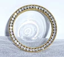 VTG French Glass Ashtray Rhinestone Trinket Dish Goldtone Mid Century Mini Bowl picture