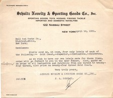 Schultz Novelty Sporting Goods 1931 J Schultz NY Antique Letterhead Billhead TC1 picture