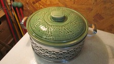 Antique Green Western Stoneware Casserole And Metal Holder picture