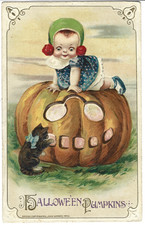1914 Winsch Halloween Postcard Huge JOL Jack-o-Lantern Cat Kid Embossed Unposted picture