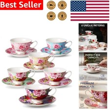 Elegant Teacup Saucer Set 6, Vibrant Floral Porcelain 8oz Dishwasher Safe Home picture