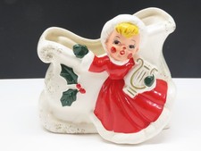 Norcrest Girl W/ Harp Sleigh Planter Christmas 1950's Japan Vintage D3537 picture