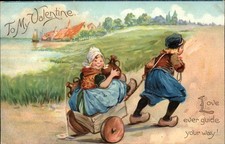 Valentines Dutch Children Cart Wagon #1 TUCK c1900-20s Vintage Postcard picture