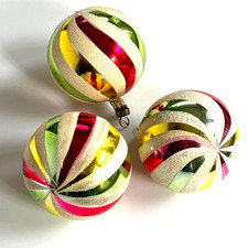 VTG 1950s Czechoslovakia Glass Christmas Ornaments Mica Swirl Harlequin Set 3 picture