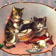 Christmas Cat Musicians Drum Harmonica Kitten Licks Milk Emb PC Vtg c1912 Unused picture