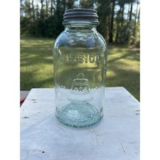 Antique Mission Trade Mark Half Gallon Aqua Mason Jar W.J. Latchford RB 2190 picture