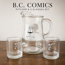 Vintage B.C. Comic Glass Pitcher & 2 Tumblers Set Johnny Hart Cartoon Barware picture