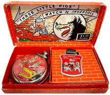 1930s THE BIG BAD WOLF INGERSOLL POCKET WATCH EXCELLENT IN BOX WITH FOB  picture