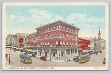Burlington Iowa Jefferson and Main Streets Streetcars Postcard picture