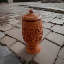 Vintage Hand Carved Wooden Jar India Spice Urn w/Lid picture
