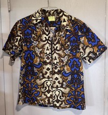 Vintage Ui-Maikai Hawaiian Shirt Mens Sz Small Cotton Short Sleeve Blue + Gold picture