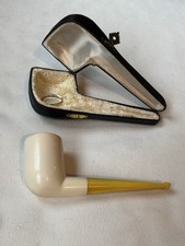 Vintage ‘60s - 70s Smooth Billiard Bent Large Bowl Meerschaum Pipe & Fitted Case picture