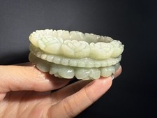 60mm Natural Mongolian Jade Bangle/Shetei Cui/Fine Hand Carved Flowers picture