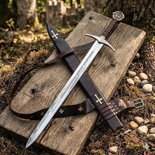 Hand Forged Templar Knights Battle Ready Sword, Steel, Brass Guard & Pommel Scab picture