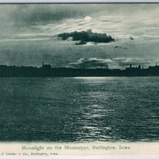 c1900s Burlington, IA Moonlight Mississippi River Church Spires Postcard picture
