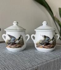 PAIR Vtg L. Lourioux Fireproof Porcelain Mallard “Le Faune” Pot du Crème, France picture