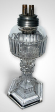 Antique 1850s Pressed Glass Whale Oil Lamp Pewter Double Tube Burner picture