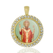 St Boniface Christian Round Medal Gold Tone Pendant with Rhinestones picture