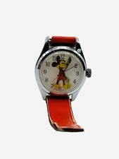 Mickey Mouse Disney VTG Mechanical Watch Manual Wind Red Strap For Parts Repair picture