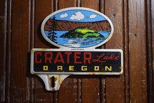 1950s CRATER LAKE OREGON STAMPED PAINTED METAL TOPPER SIGN ISLAND TREE BOAT picture