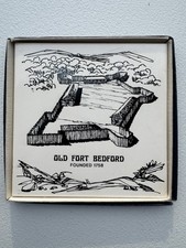 Vintage Old Fort Bedford Founded 1758 Ceramic Tile Trivet Cork Back w/ Box picture