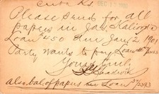 1900 Postal Card Cuba Kansas Loan Business Message J. J. Sedgwick 1 Cent picture