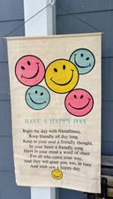 Vtg 1970 Wall Hanging Smiley Faces Linen-Have A Happy Day-28”x16.75”-Wood Dowel picture