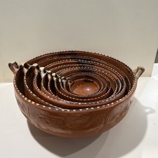 VTG SET OF 9 Primitive Rustic Mexican Terracotta Redware Handled Nesting Bowls picture