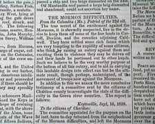 Early MORMONS Mormonism Joseph Smith Missouri Settlement TROUBLES 1838 Newspaper picture