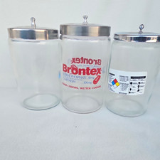 Lot of 3 Vintage Glass Apothecary Medical Jars w/ Metal Lids, Brontex picture