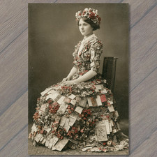 POSTCARD Woman Covered Christmas Cards Festive Floral Dress Holiday Greeting Vin picture