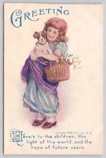 1905 Greeting Postcard Girl with Dog & Basket Children Quote Vintage Antique picture