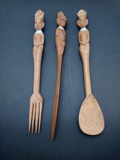 Set of 3 Vintage Ubangi Figures African Wooden Utensils MASAI Kenya Safai Ware picture