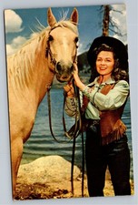 1951 Western Cutie & Her Mount Cowgirl Palomino Horse Lake Postcard picture