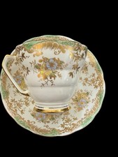 Vintage Radfords Fenton Bone China Teacup Saucer Floral Green Gold England picture