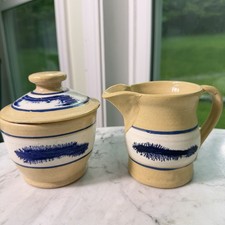 VTG 90s East Knoll Pottery Mochaware Sugar Bowl Creamer Set Seaweed Yellow Ware picture