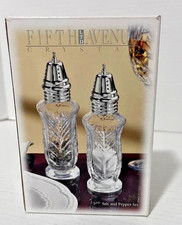 Vintage Fifth Avenue 24% Lead Crystal Salt Pepper Shakers Silverplate Top NOS picture
