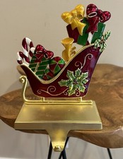VTG Stocking Holder Gold Metal Sleigh Full Of Gifts Poinsettia Gorgeous🎄🛷 picture
