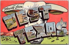 c1940s WEST TEXAS Large Letter Greetings Postcard Cow Skull / Kropp Linen Unused picture