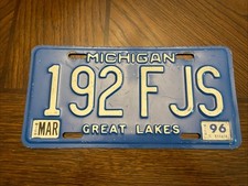 1990’s Vintage Michigan License Plate 192 FJS Great Lakes Blue picture