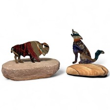 LaZart Metal Art Set of 2 Buffalo Coyote Sculptures on Sandstone Mount Southwest picture