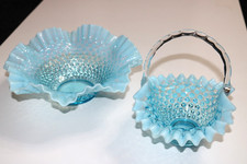 Fenton Blue Ruffled Opalescent Glass Hobnail Bowl & Basket picture