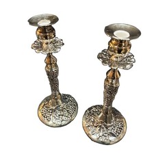 Vintage Silverplate Grapevine Candlesticks Pair Ornate Grape Leaf Candle Holders picture