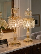 Vtg Pair Crystal Table Lamps Gold Tone Chandelier Style Hollywood Regency READ picture