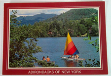 Vtg Lake View with Sailboat ADIRONDACKS OF NEW YORK Continental Size Postcard picture
